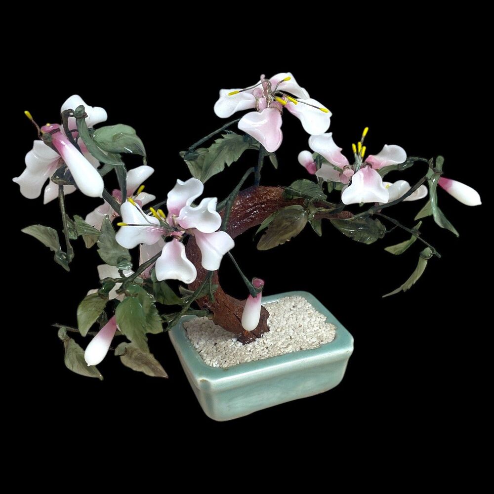 Vintage Jade Gemstone Bonsai Tree Pink White Flowers Glass Leaves 9" Pot